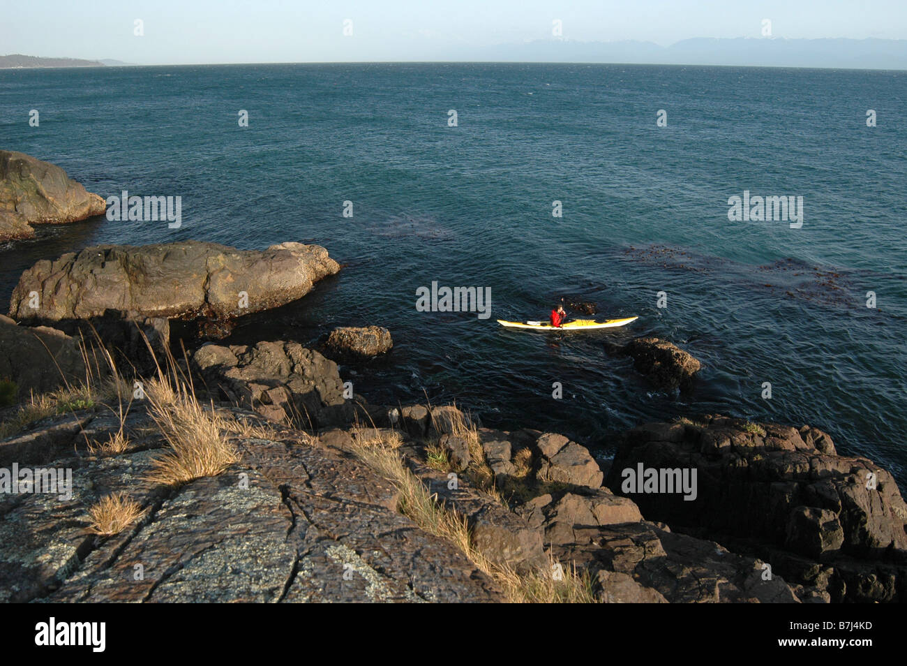 Man kayaking off rocky shoreline, Sheringham Point Lighthouse, Sooke