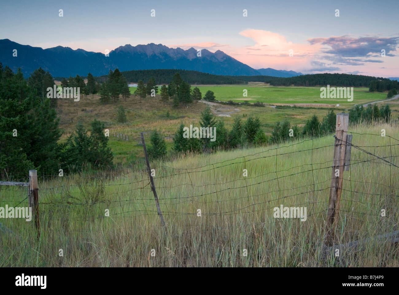 Rural farmland and rocky mountains, Cranbrook, BC, Canada Stock Photo