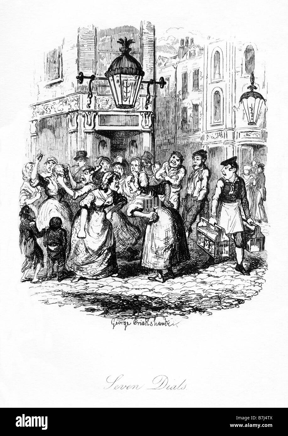 Sketches by Boz Seven Dials illustration by George Cruikshank of a cat fight in Covent Garden in Charles Dickens book Stock Photo