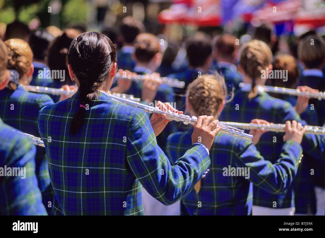 Marching band group from behind, Whistler, BC Canada Stock Photo