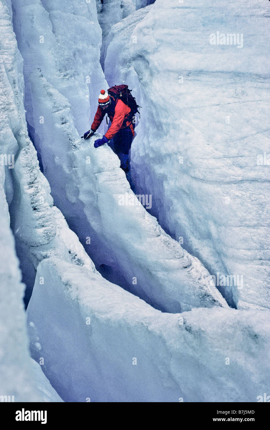 Climber practices crevasse climbing, Athabasca Glacier, Columbia Icefields, Alberta Stock Photo
