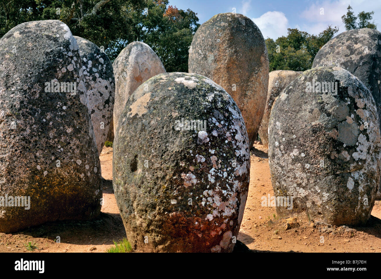 Prehistoric Menhirs of the Cromeleque dos Almendres in Evora, Alentejo, Portugal Stock Photo