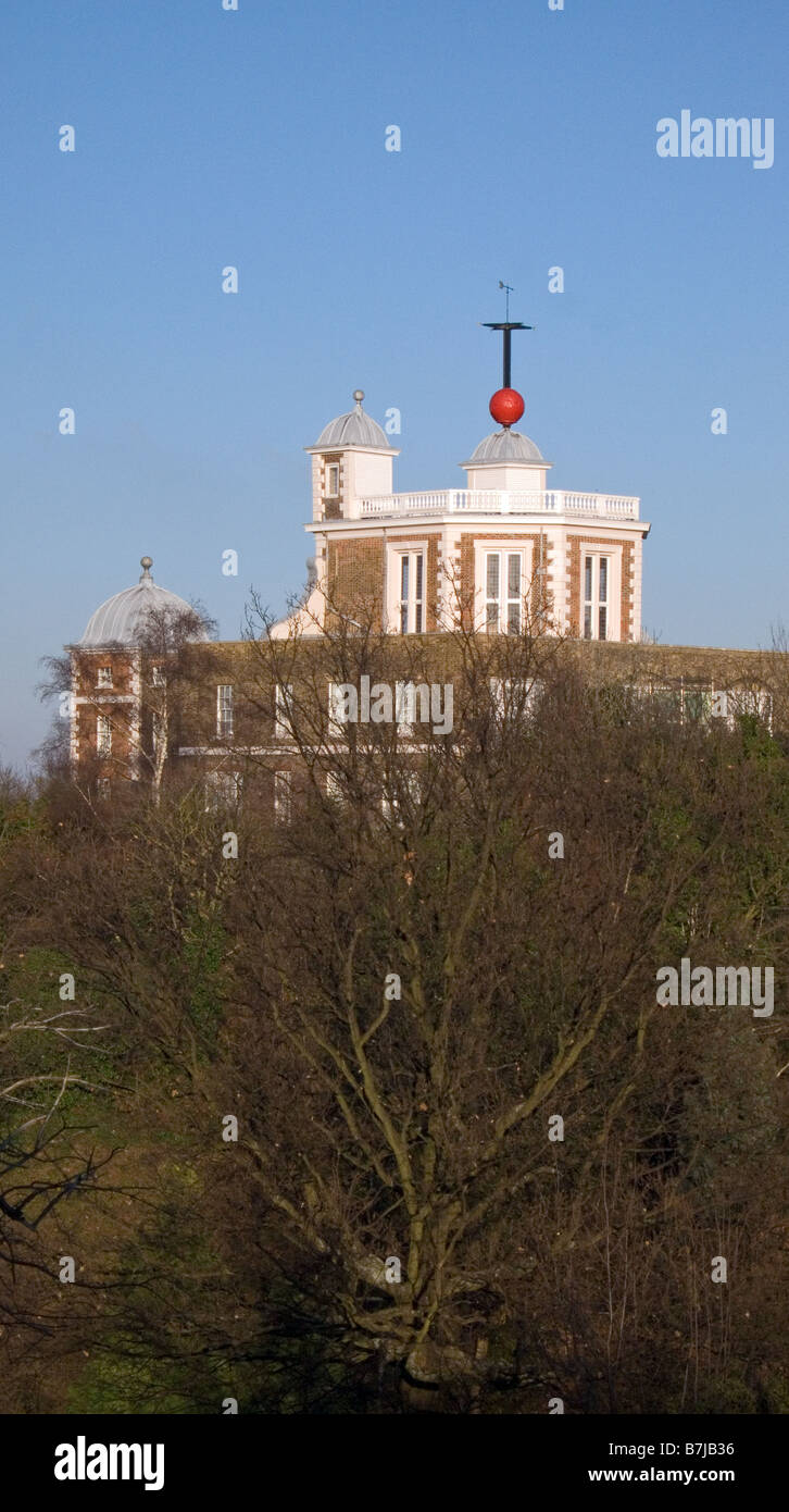 Flamsteed House and the Greenwich Time Ball above the Octagon Room Royal Observatory Greenwich London England UK Stock Photo