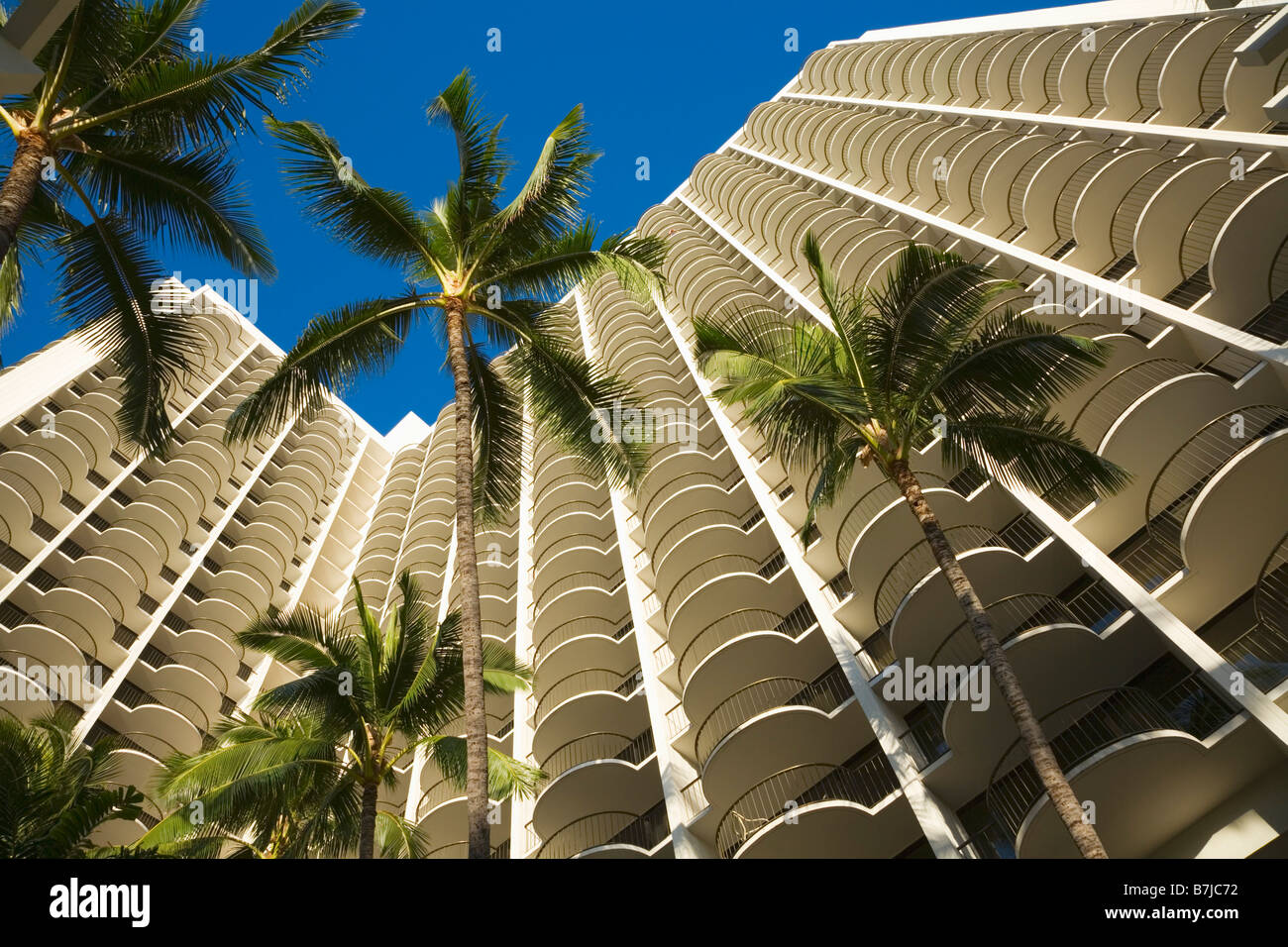 Low angle view of high rise hotel in Waikiki O'ahu Hawaii USA Stock Photo