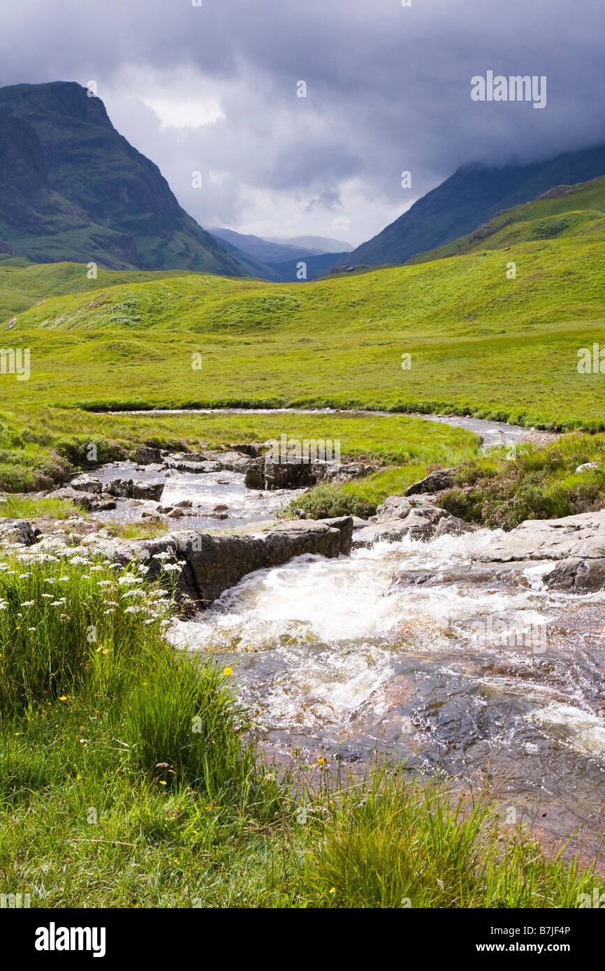 The River Coe flowing through the Pass of Glencoe before descending into Glen Coe, at Glencoe, Highland, Scotland Stock Photo