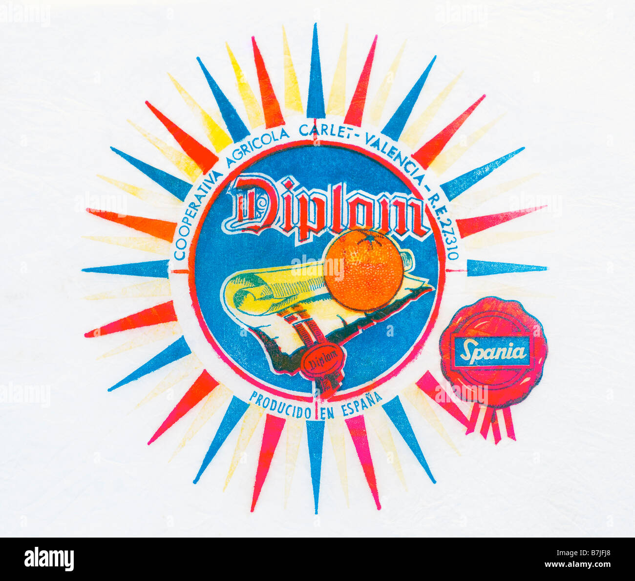 Printed ephemera / Citrus fruit wrapper from Spain - Diploma illustration on tissue paper. Stock Photo