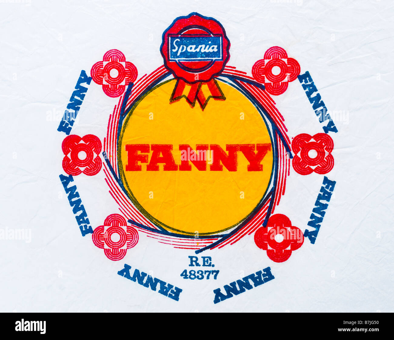 Printed ephemera / Citrus fruit wrapper from Spain - Fanny logo illustration on tissue paper. Stock Photo