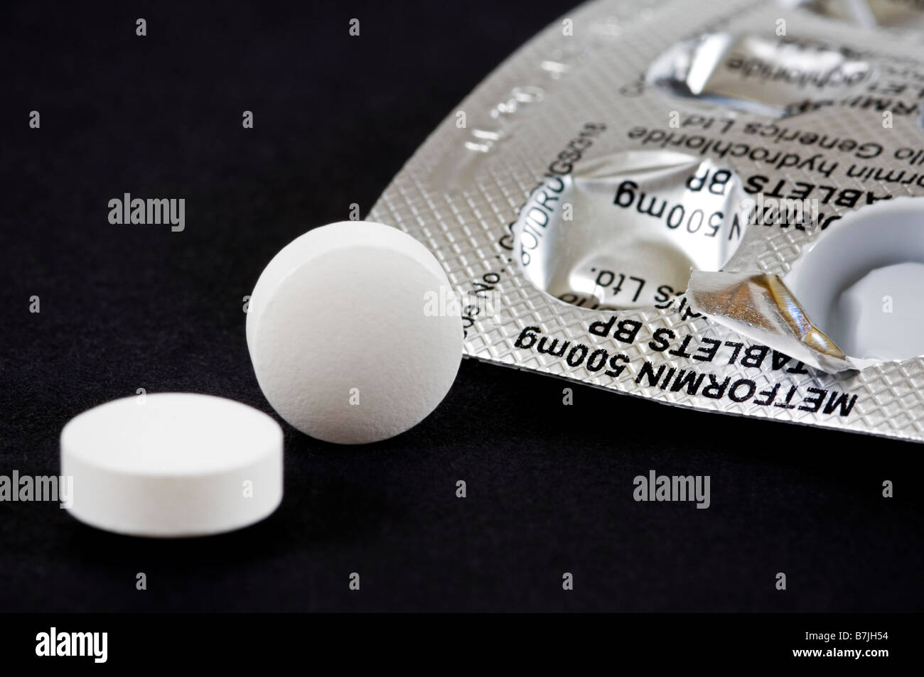 Horizontal macro close up of a blister pack of pills and two Metformin tablets on a black background Stock Photo