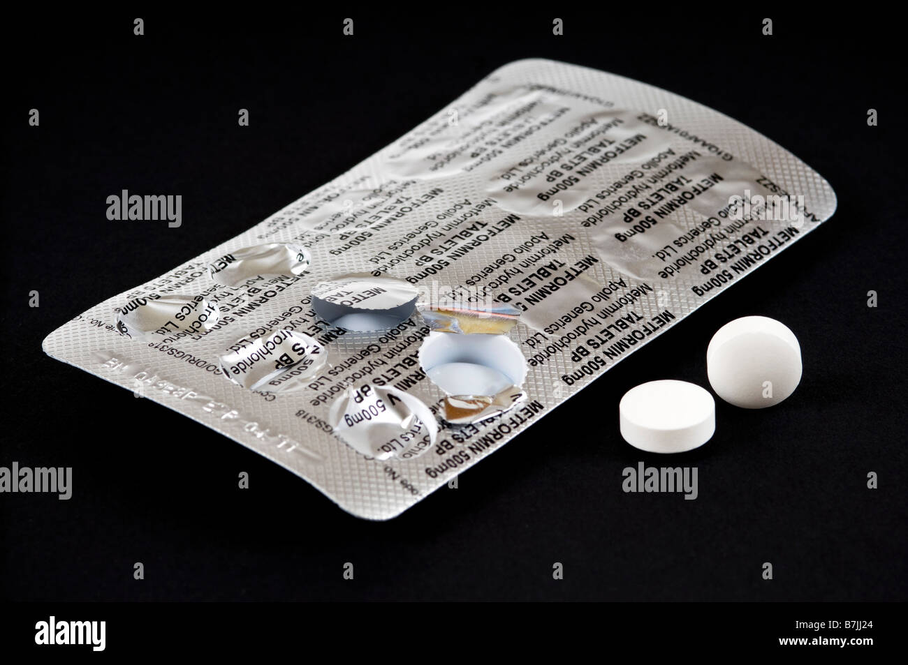 Horizontal macro close up of a blister pack of pills and two Metformin tablets on a black background Stock Photo