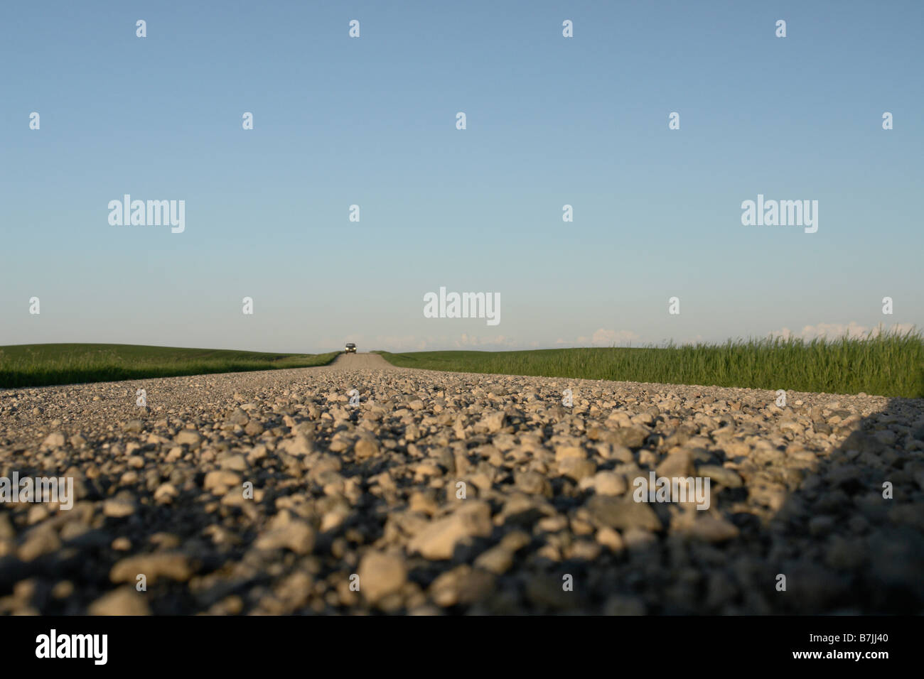 Extreme low angle of gravelled country road with oncoming vehicle; Canada, Manitoba, Erickson Stock Photo