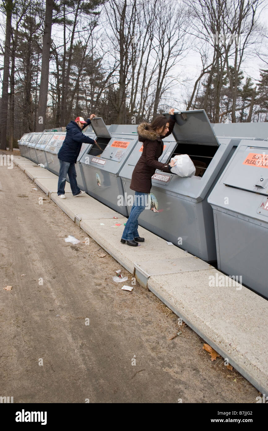 People at community recycling bins; Canada, Ontario Stock Photo Alamy