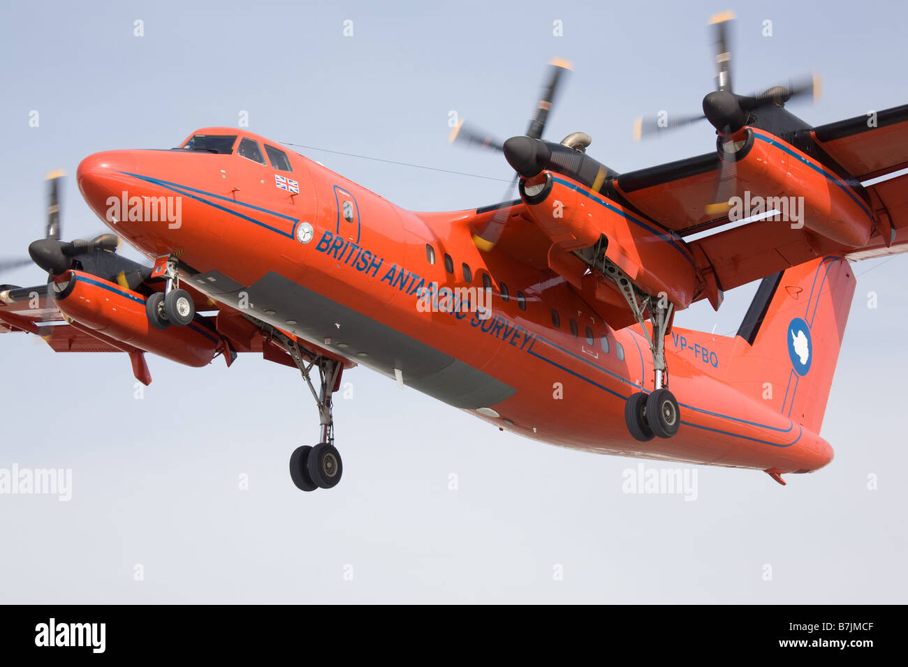 DHC-7 of the British Antarctic Survey taking off from the Rothera research station in Antarctica Stock Photo