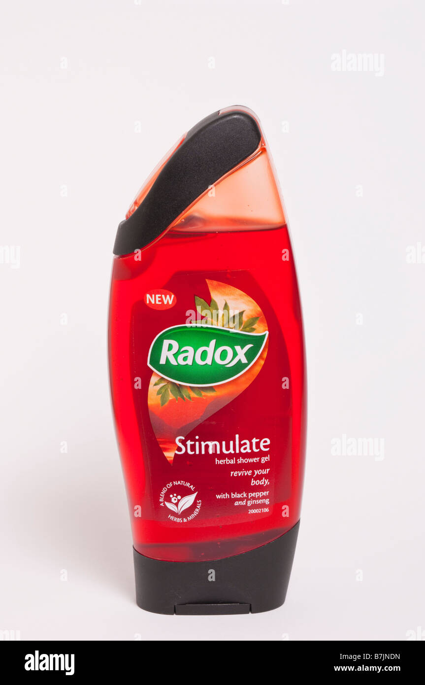 A plastic bottle of Radox herbal shower gel for washing and bathing