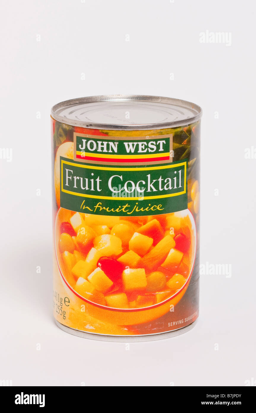A tin of John West fruit cocktail chunks in fruit juice shot on a white background Stock Photo