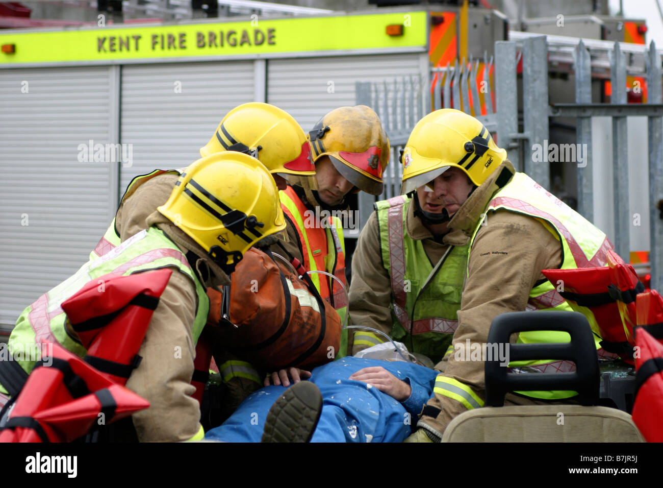 Casualty on a spinal board Stock Photo