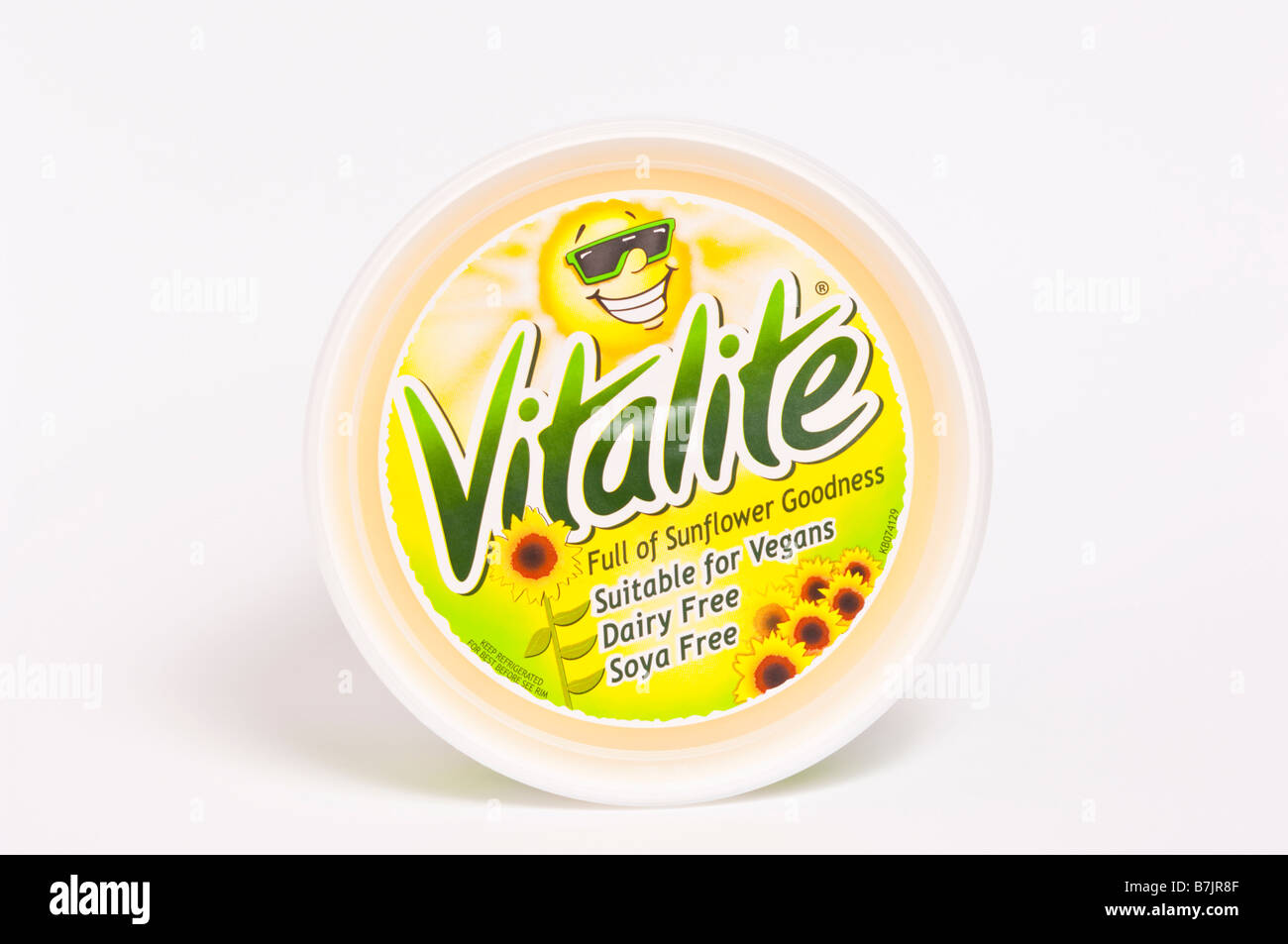 A tub of Vitalite sunflower spread margarine suitable for vegans,dairy