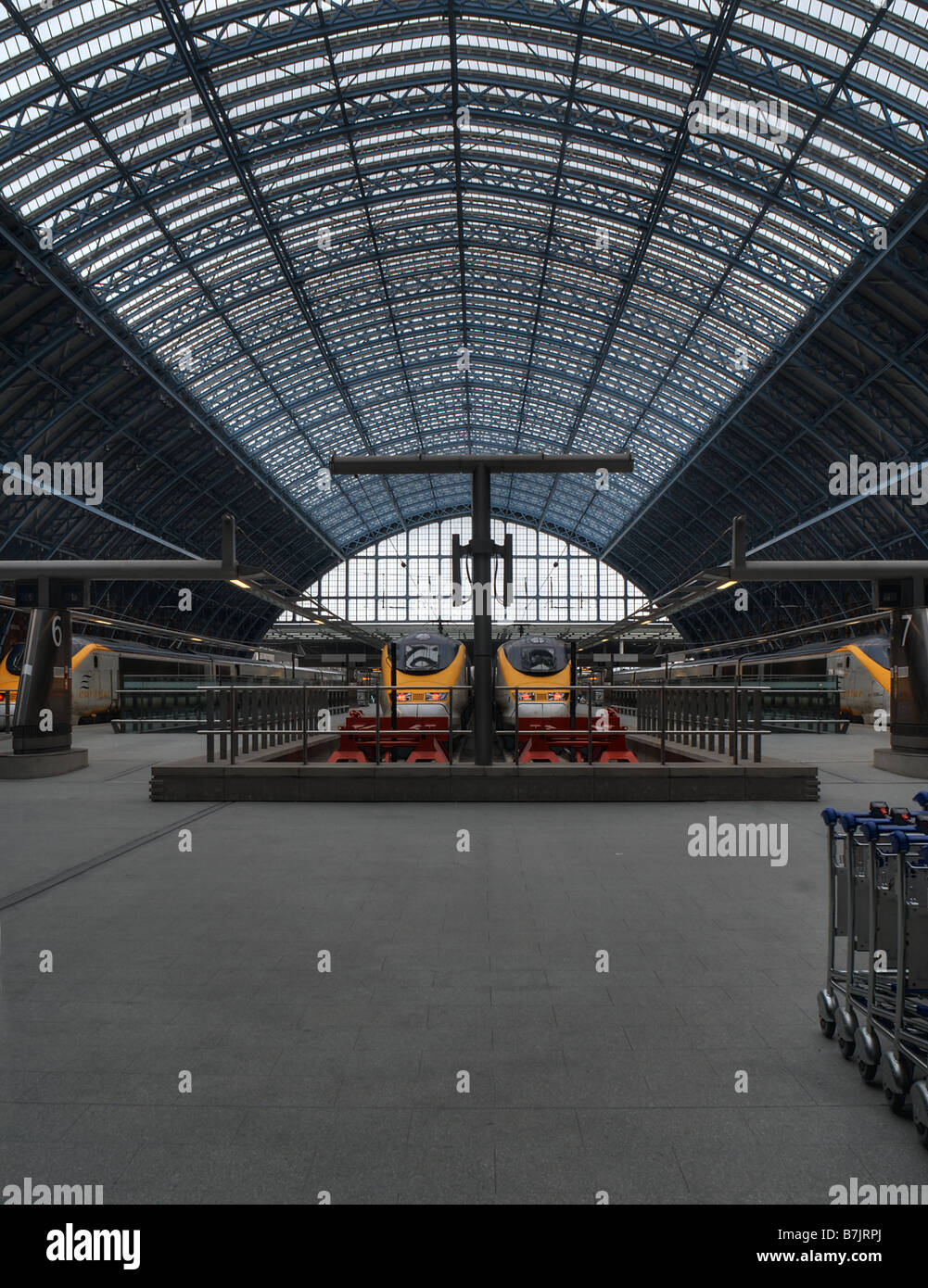Eurostar trains in a deserted St Pancras International train station, London, England. Stock Photo