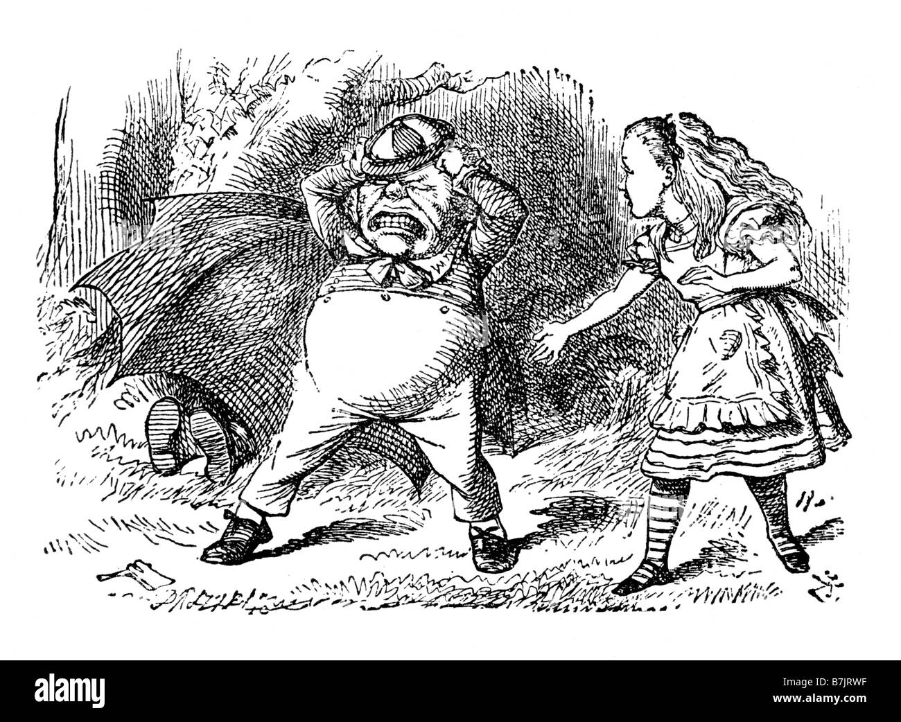 An Angry Tweedledum while Tweedledee hides under an Umbrella Alice Through the Looking Glass Illustration by Sir John Tenniel 1 Stock Photo