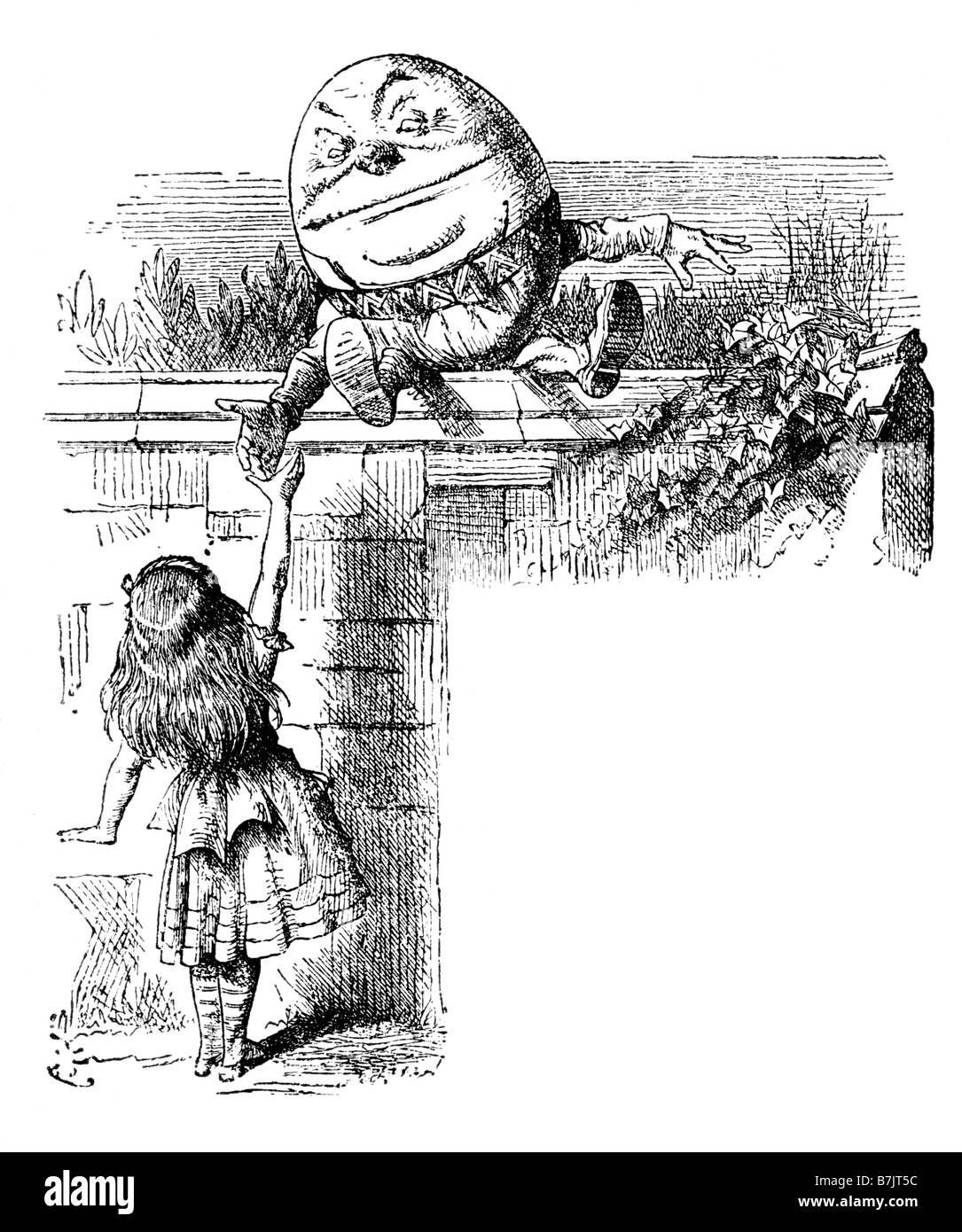 Alice and Humpty Dumpty on the Wall Alice Through the Looking Glass Illustration by Sir John Tenniel 1820 to 1914 Stock Photo