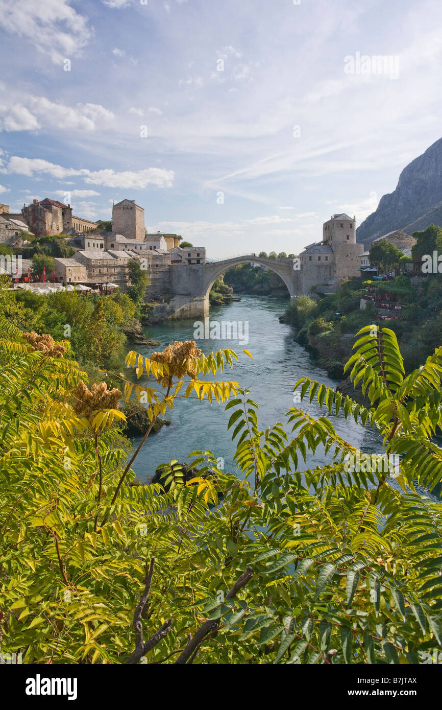 Historic Old Town of Mostar and restored 16th century bridge across the Neretva River in Bosnia Herzegovina Europe Stock Photo