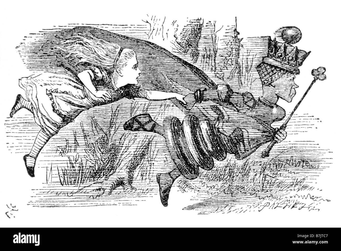 Alice Running Hand in Hand with the Red Queen Alice Through the Looking Glass Illustration by Sir John Tenniel 1820 to 1914 Stock Photo