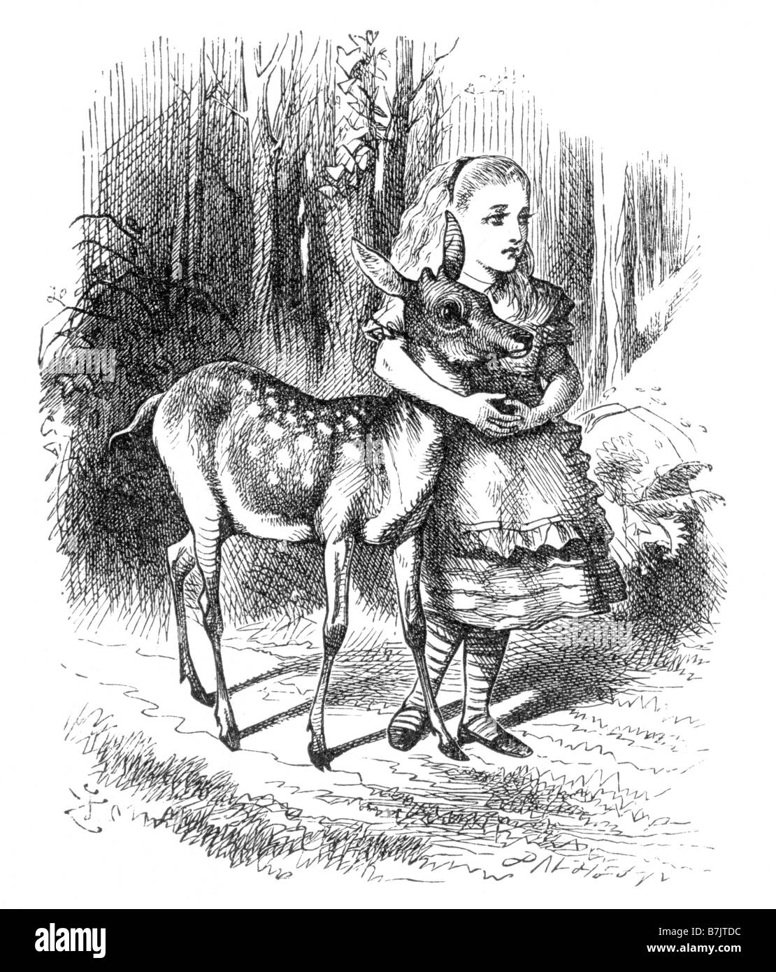 Alice with the Fawn Alice Through the Looking Glass Illustration by Sir John Tenniel 1820 to 1914 Stock Photo