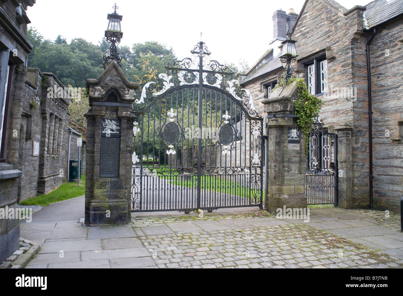 The Iron gates of the Y Plas estate in Machynlleth, North Wales Stock