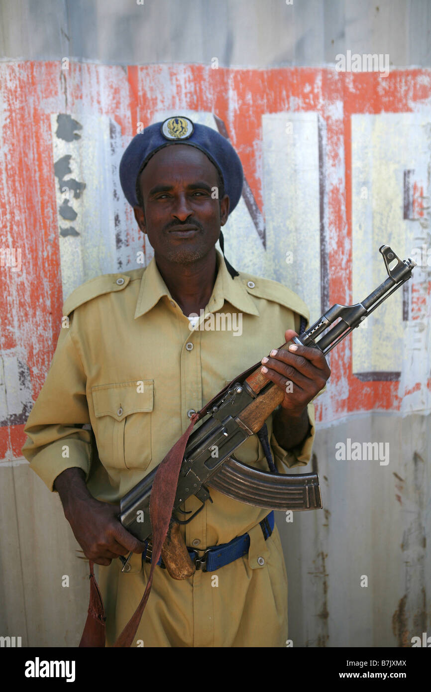 Armed policeman carrying an AK47 Hargeisa Somaliland Stock Photo