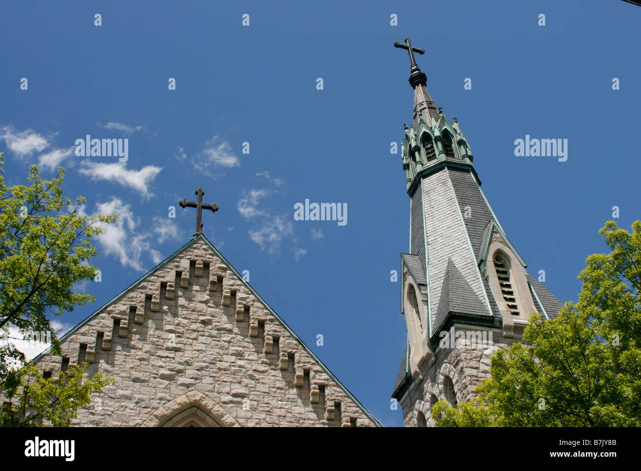 Catholic church steeple and crosses. Stock Photo