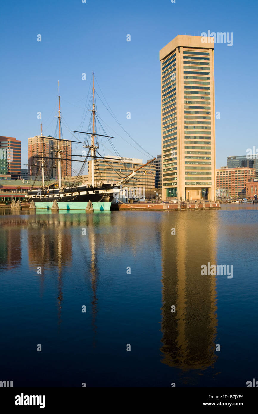 Inner Harbor includes USS Constellation and Baltimore World Trade Center Baltimore Maryland Stock Photo