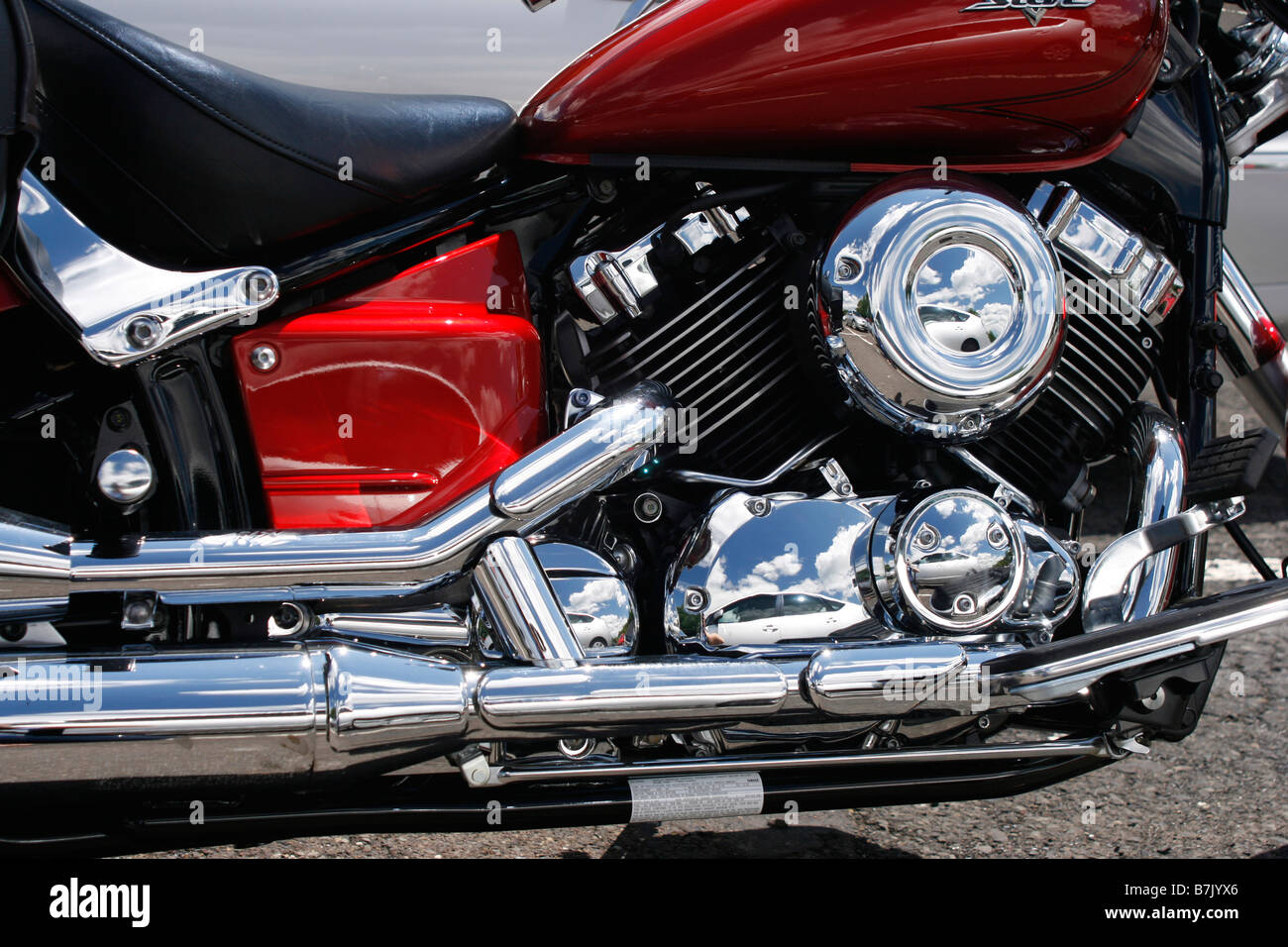 Closeup of motorcycle chrome parts gas tank engine cylinders and parts Stock Photo