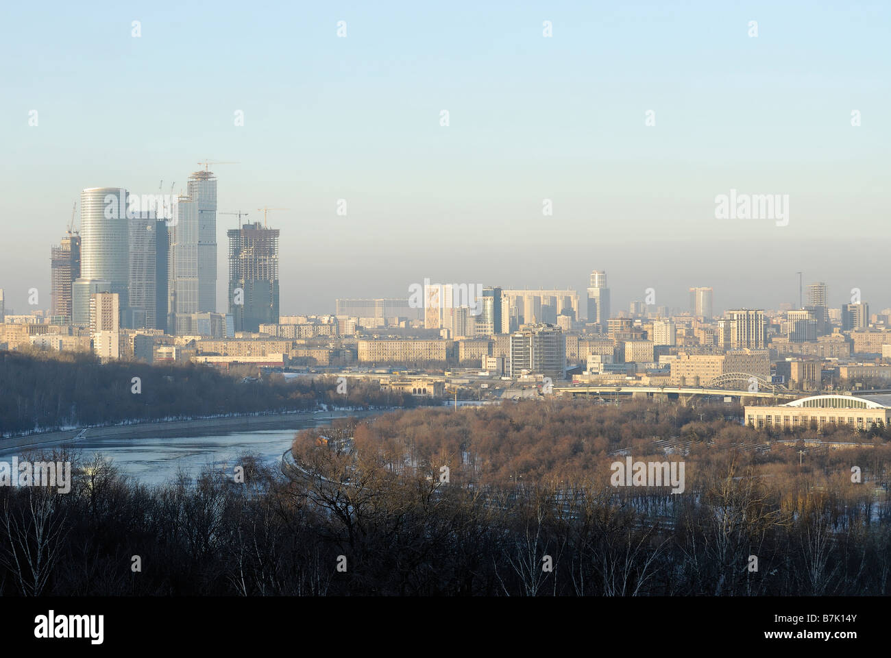 High view on the modern and traditional Moscow buildings and Moscow river Stock Photo