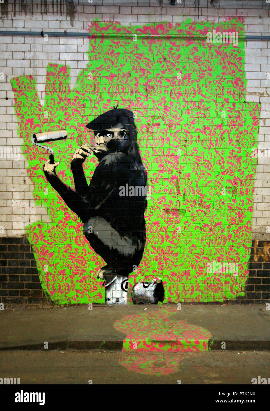 Banksy monkey with spilled paint at the Cans Festival Stock Photo - Alamy