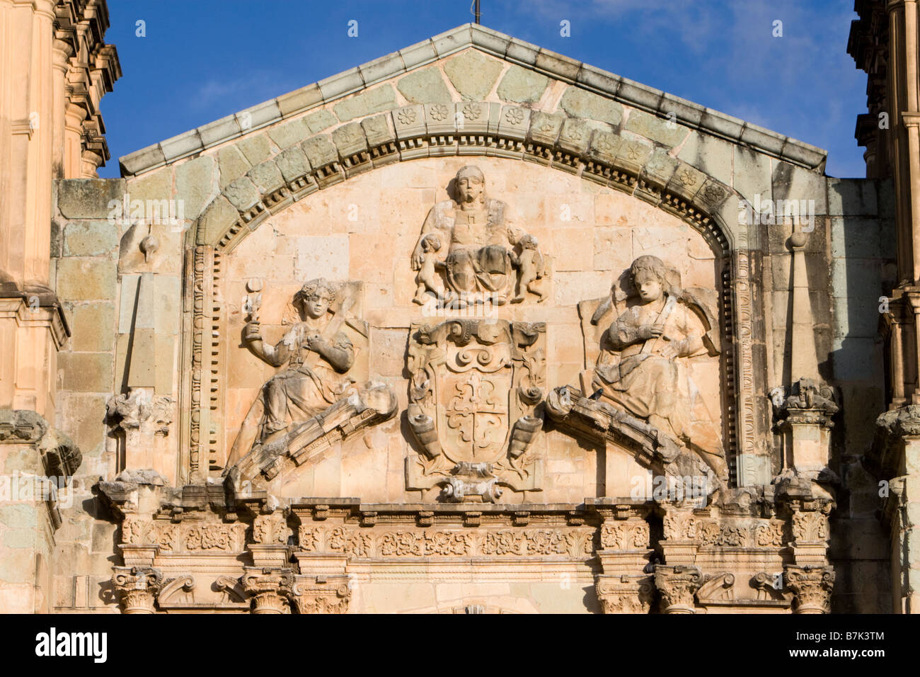 Oaxaca, Mexico.  Stone Carving on Baroque Facade of Church of Santo Domingo, built between 1570-1608. Stock Photo