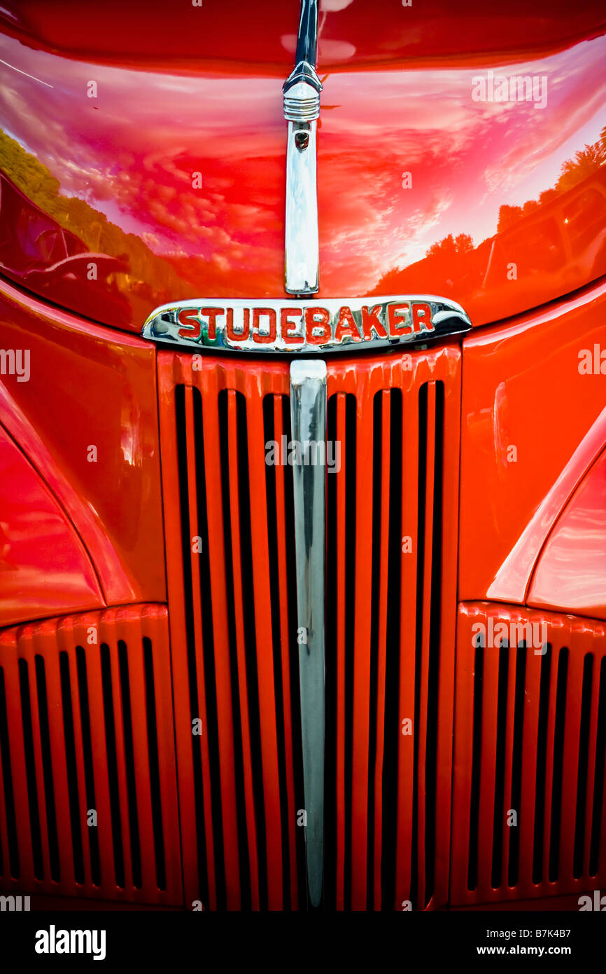 Detail view of the front end of a Studebaker 1940's pickup truck. Stock Photo