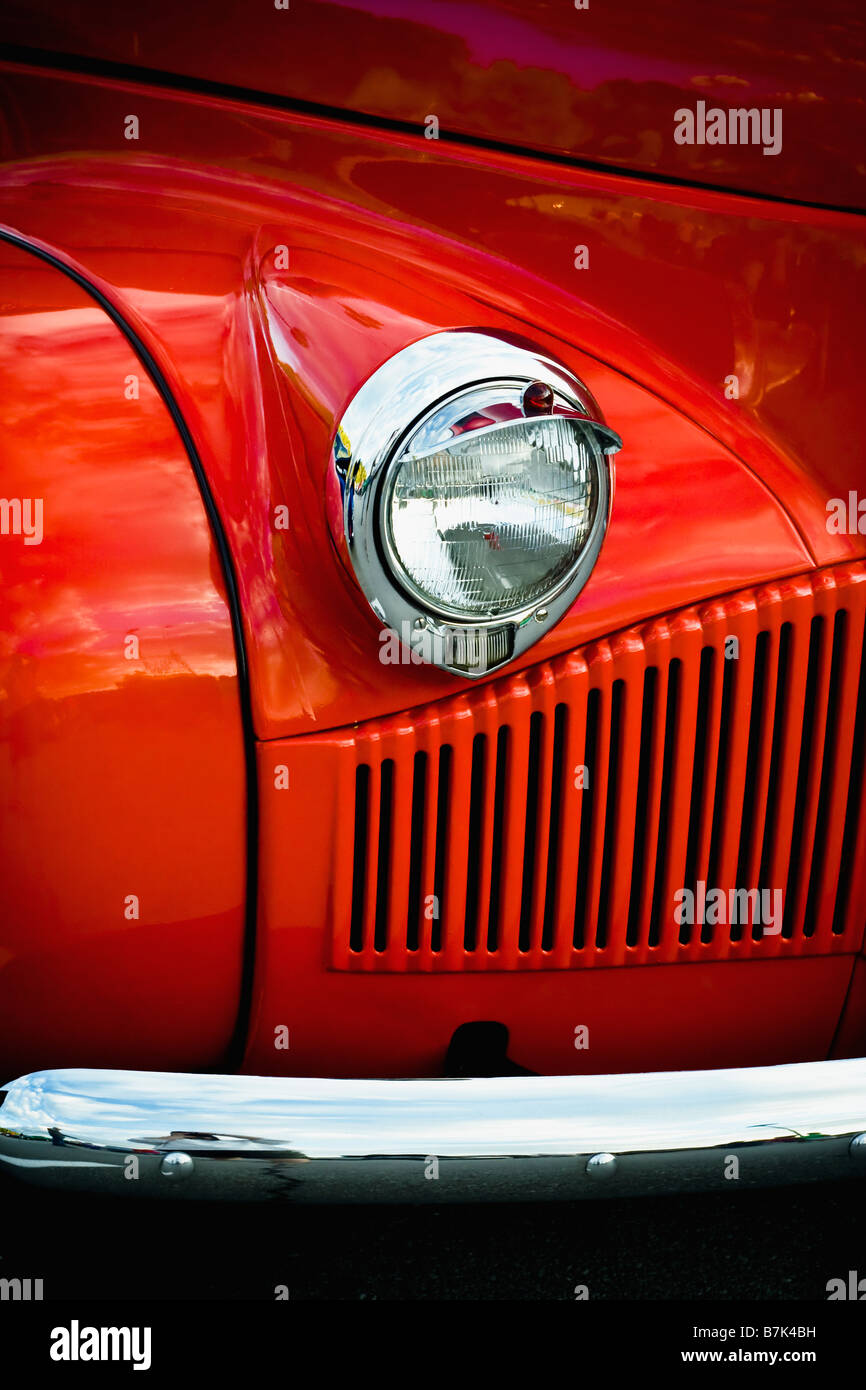 Detail of the front of a bright red Studebaker truck Stock Photo