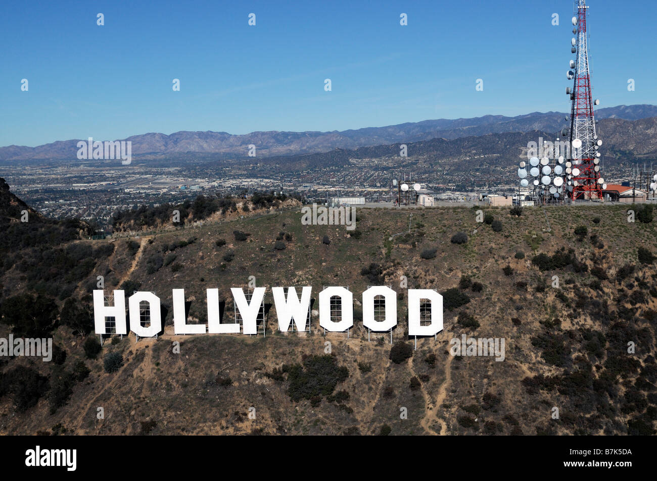 hollywood sign in the hills above los angeles california aerial view birds eye Stock Photo