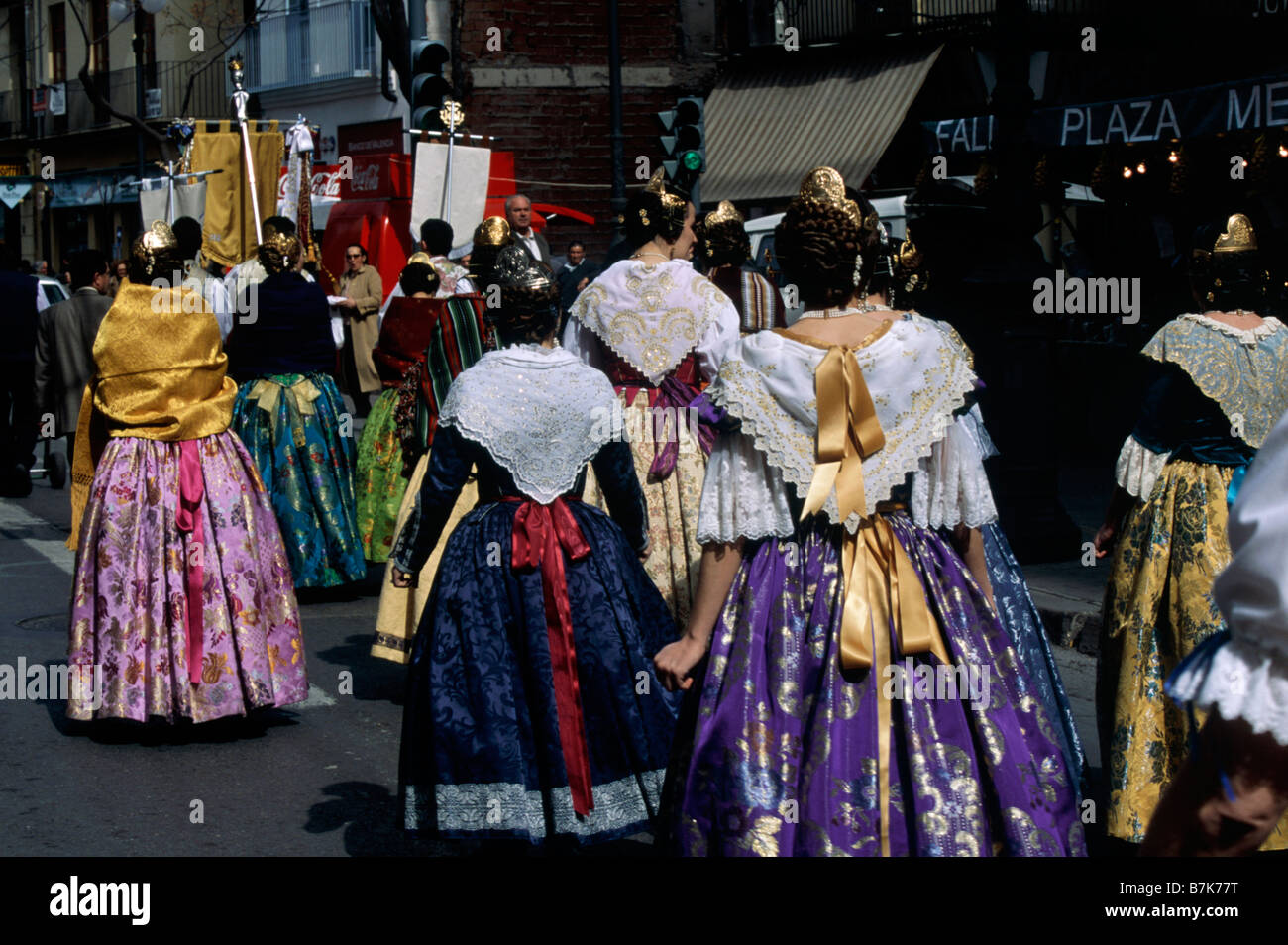 Fallas Annual street festival 13 to 19 March People in historical traditional costume Women Back view VALENCIA SPAIN Stock Photo