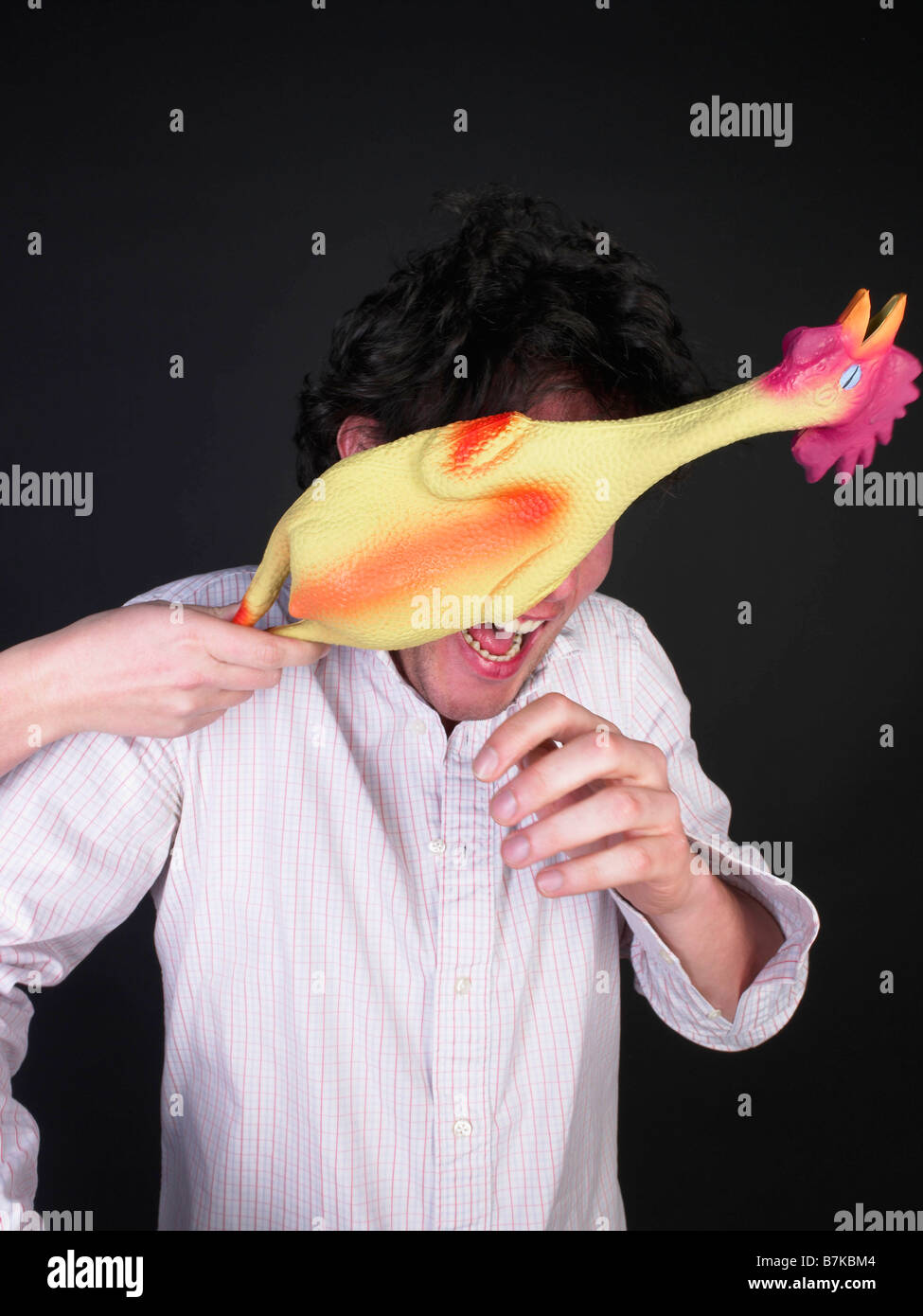 man getting hit with rubber chicken Stock Photo