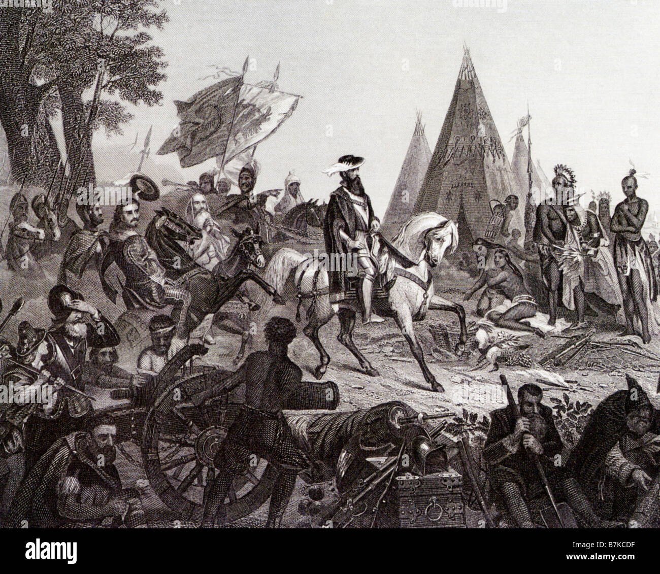 HERNANDO DE SOTO The Spanish Conquistador is shown discovering the Mississippi River in a 19th century engraving Stock Photo