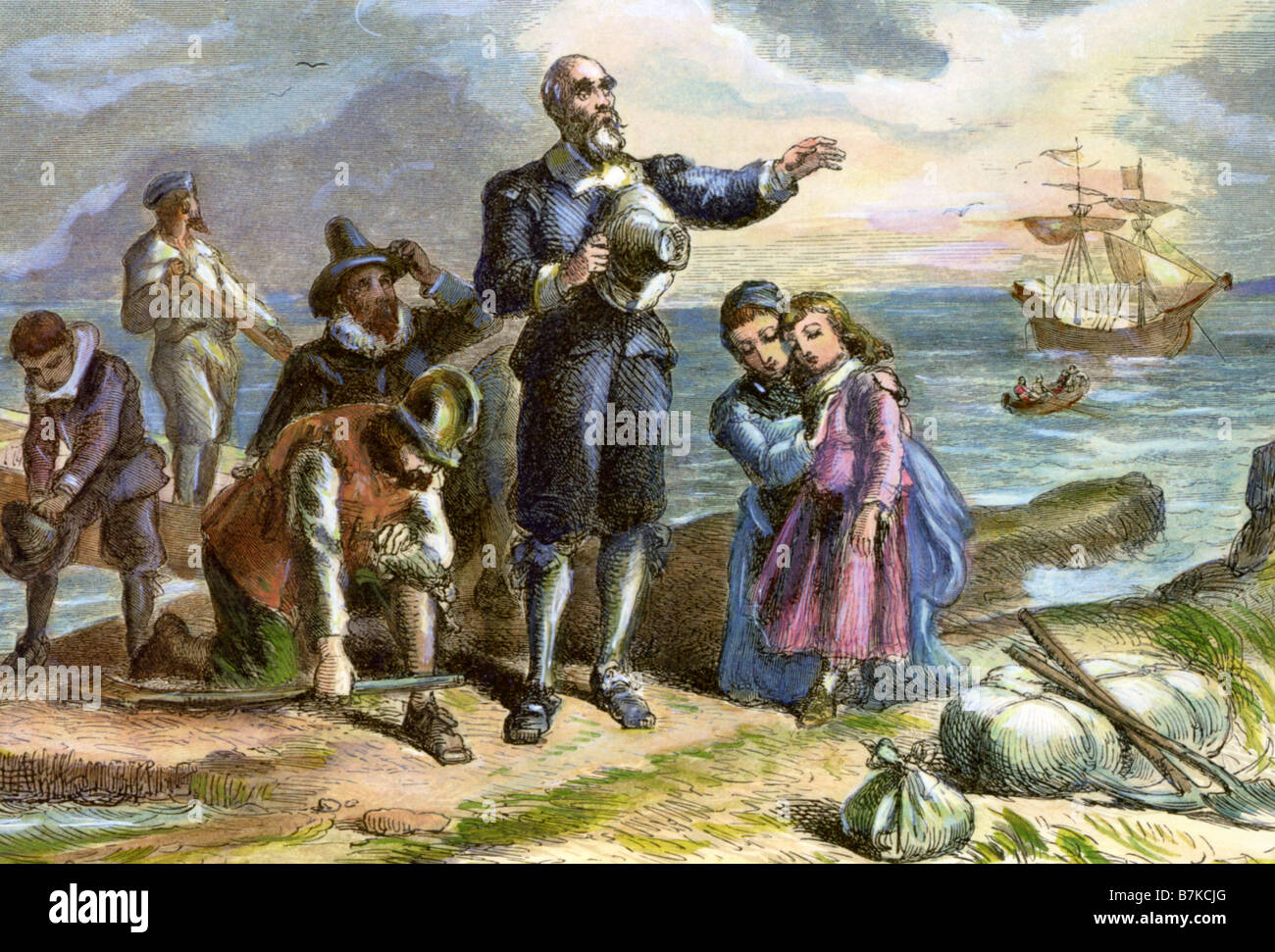 PILGRIM FATHERS  English Puritan colonists who sailed in the Mayflower top North America in 1620 Stock Photo
