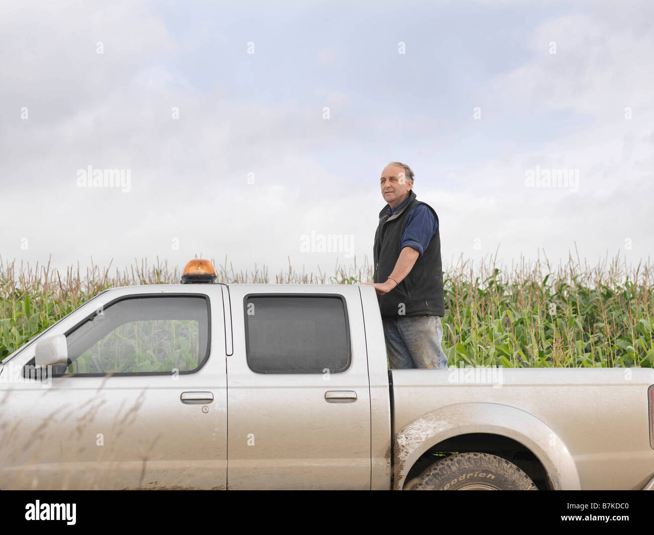 Farmer Standing In Pickup Truck Stock Photo