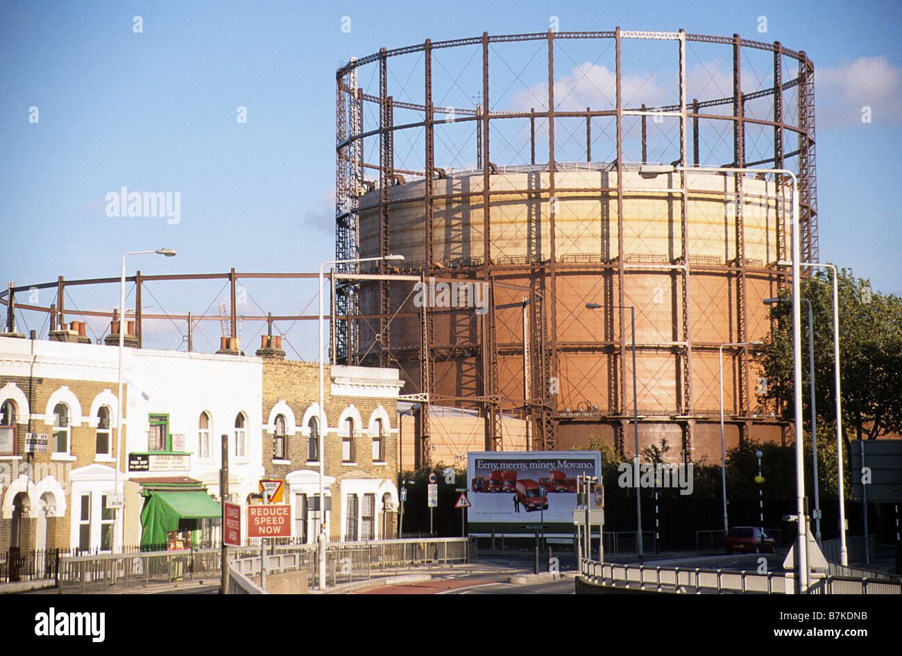 London E14, gas holders in Poplar Gas Works and nearby terraced housing