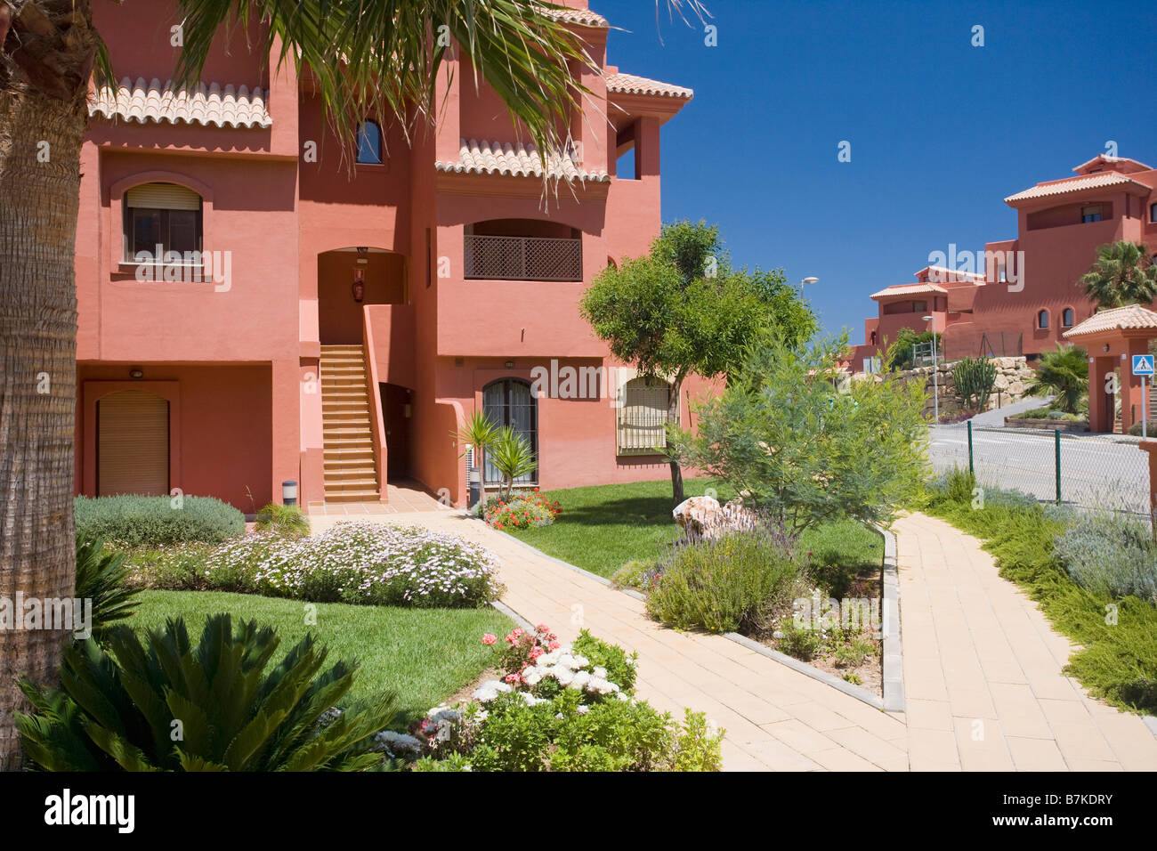 Terracotta coloured new villas with small landscaped front gardens for
