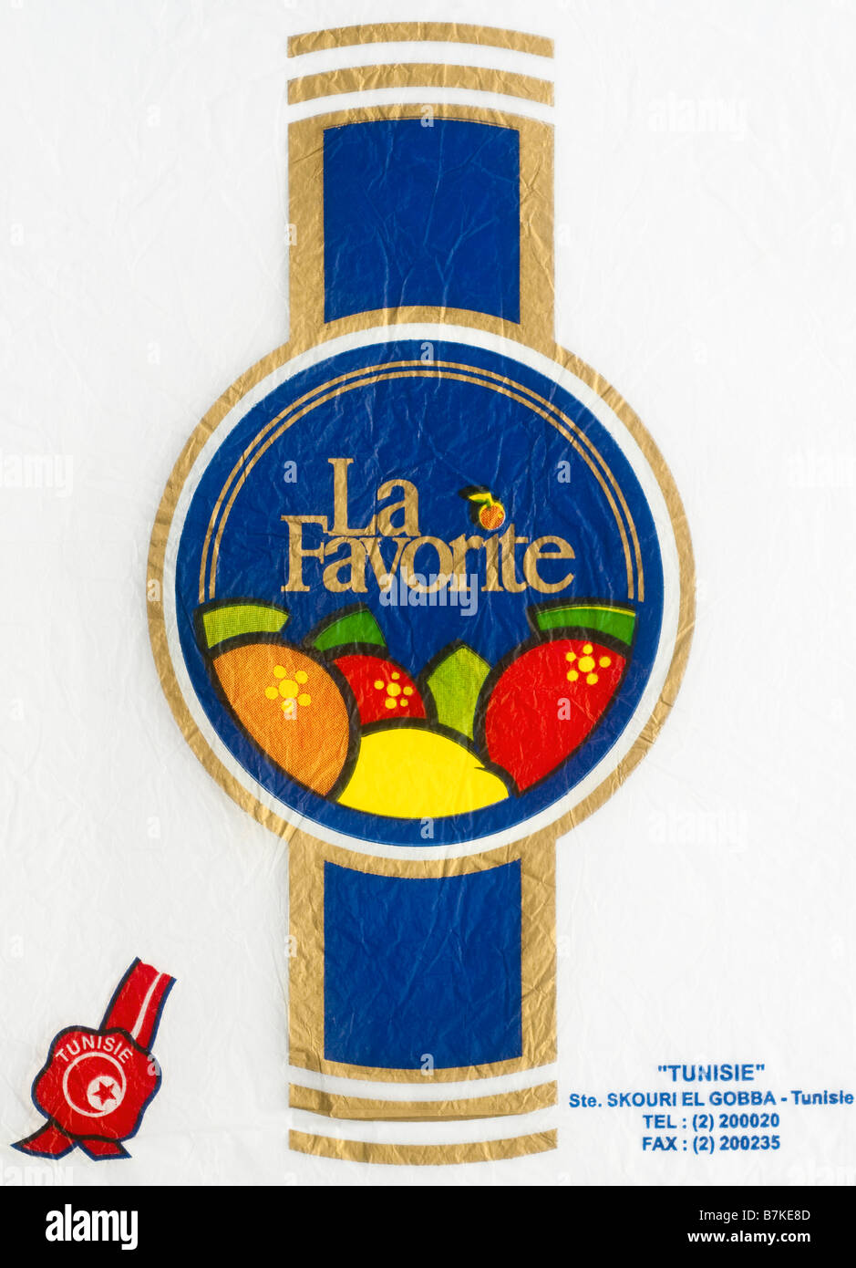 Printed ephemera / Citrus fruit wrapper from Tunisia - La Favorite illustration on tissue paper. Stock Photo