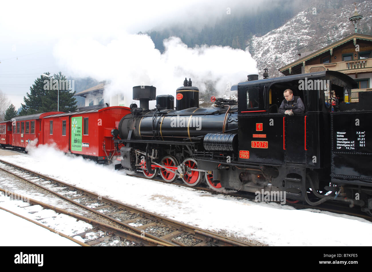 Zillertalbahn antique steam railway with locomotive engine in Mayrhofen Zillertal Tyrol Austria Stock Photo