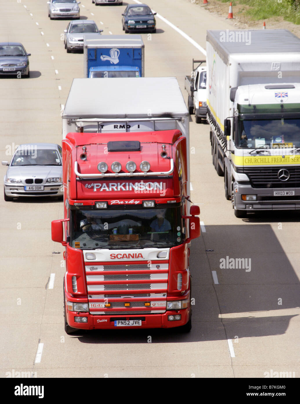 Lorries and Traffic on M27 Motorway north of Southampton, Hampshire, England Stock Photo