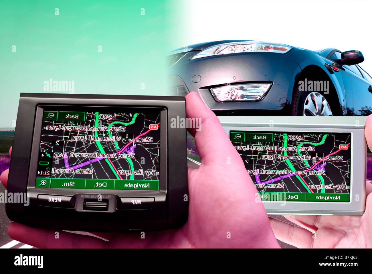GPS Vehicle navigation system in a man hand Stock Photo Alamy