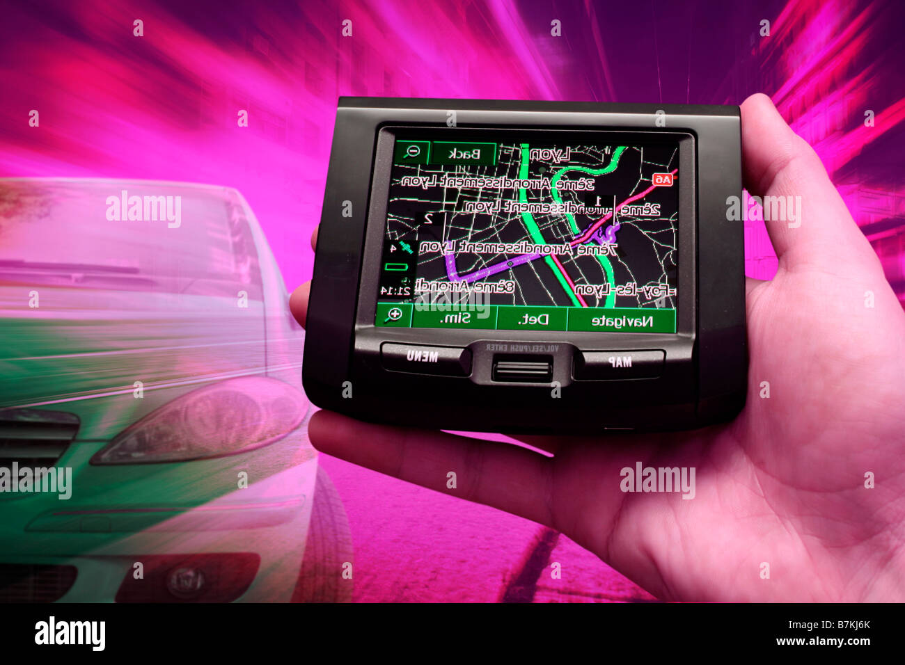 GPS Vehicle navigation system in a man hand Stock Photo Alamy