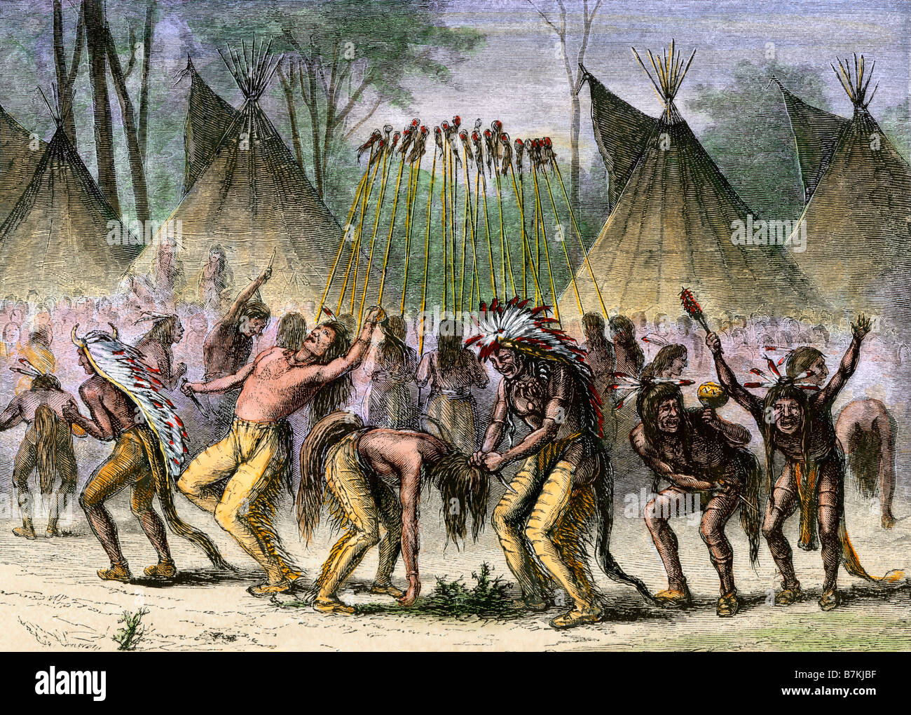 Native American war dance near the St. Lawrence River during the French and Indian War. Hand-colored woodcut Stock Photo